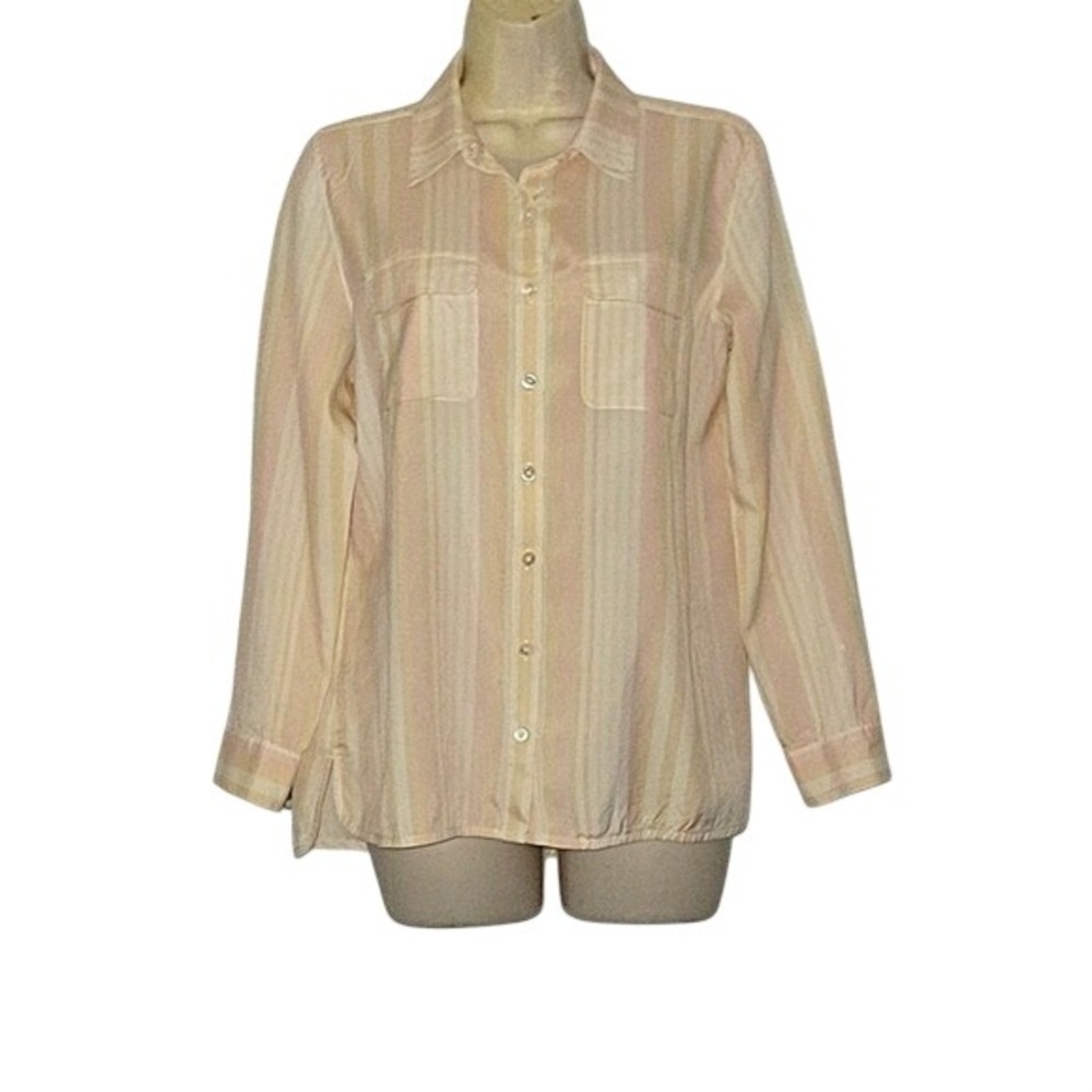 Womens Pastel Striped Long Sleeve Button Down Shirt Peach‎ Cream Two Pocket
